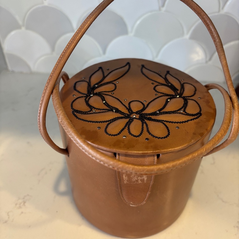 Chic Tan Embroidered Mini Bucket Bag